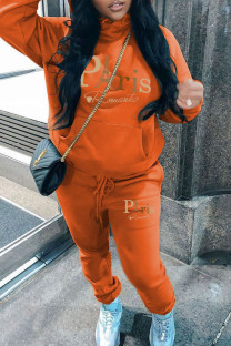 Orange Casual Print Pocket Patchwork Hooded Long Sleeve Two Pieces