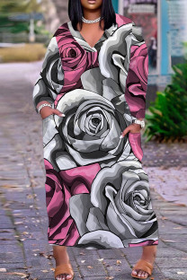 Rose Red Casual Floral Print Basic V Neck Long Plus Size Dresses
