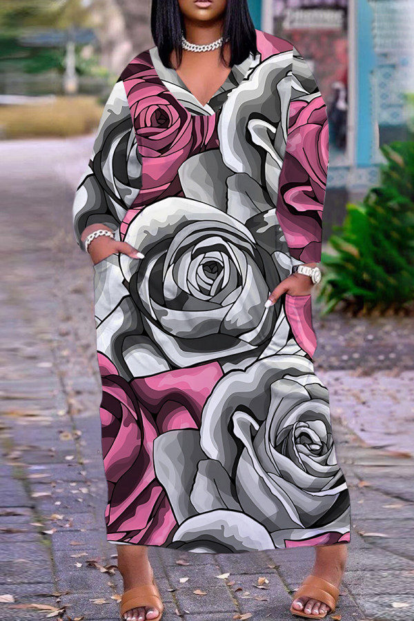 Rose Red Casual Floral Print Basic V Neck Long Plus Size Dresses