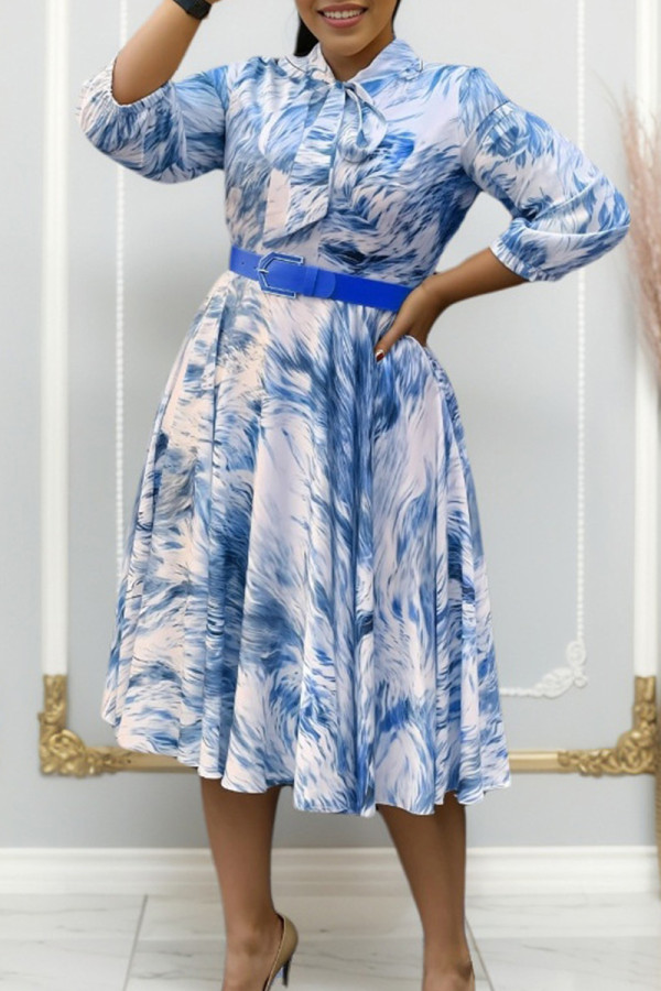Blue Gray Elegant Print Patchwork With Belt Printed Dresses