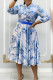 Blue Gray Elegant Print Patchwork With Belt Printed Dresses