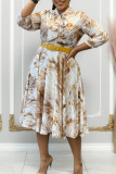 Red Elegant Print Patchwork With Belt Printed Dresses