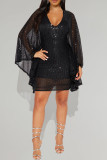 Black Sexy Solid Color Patchwork V Neck Wrapped Skirt Dresses