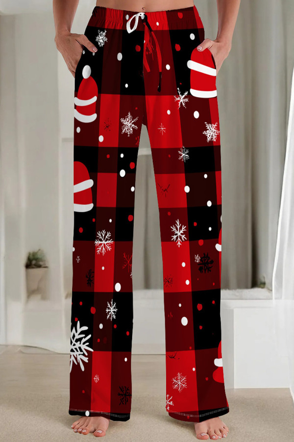 Black Casual Print Pocket Patchwork Loose Mid Waist Straight Full Print Bottoms