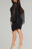 Black Sexy Solid Color Patchwork V Neck Wrapped Skirt Dresses