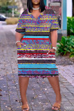 Red Casual Print Pocket V Neck Short Sleeve Plus Size Dresses