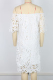 White Elegant Solid Color Hollow Out Patchwork Off Shoulder Straight Dresses