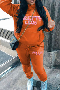 Orange Casual Print Pocket Patchwork Hooded Long Sleeve Two Pieces