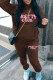 Brown Casual Print Pocket Patchwork Hooded Long Sleeve Two Pieces