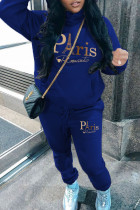 Blue Casual Print Pocket Patchwork Hooded Long Sleeve Two Pieces