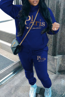 Blue Casual Print Pocket Patchwork Hooded Long Sleeve Two Pieces