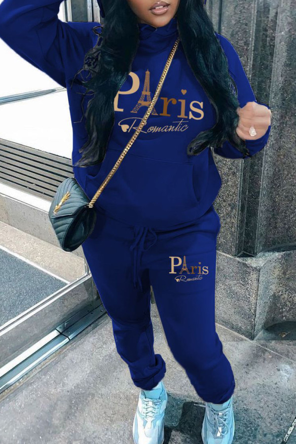 Blue Casual Print Pocket Patchwork Hooded Long Sleeve Two Pieces