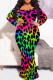 Red Green Casual Print Patchwork O Neck Fishtail Plus Size Dresses
