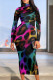 Purple Yellow Casual Print Patchwork O Neck Long Dresses