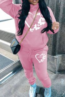 Pink Casual Print Pocket Patchwork Hooded Long Sleeve Two Pieces