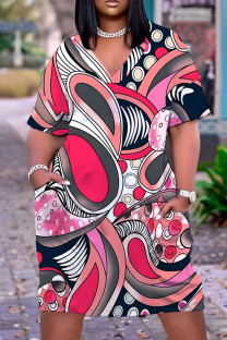 Red Casual Print Pocket V Neck Short Sleeve Plus Size Dresses