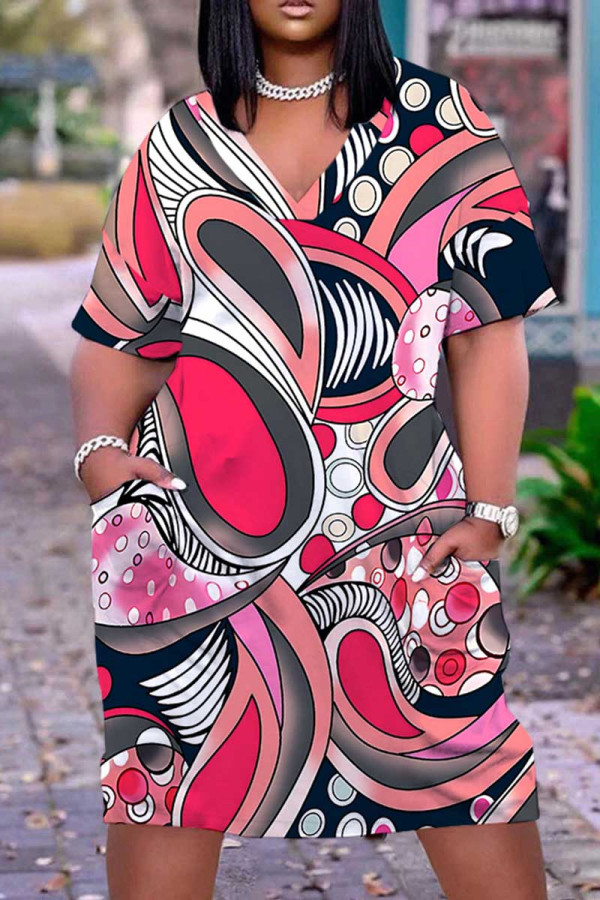 Red Casual Print Pocket V Neck Short Sleeve Plus Size Dresses