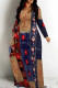 Blue Red Casual Faux Denim Print Patchwork V Neck Long Dresses