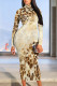 Light Khaki Casual Print Patchwork O Neck Long Dresses