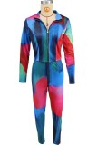 Ink Green Casual Print Basic Zipper Collar Long Sleeve Two Pieces