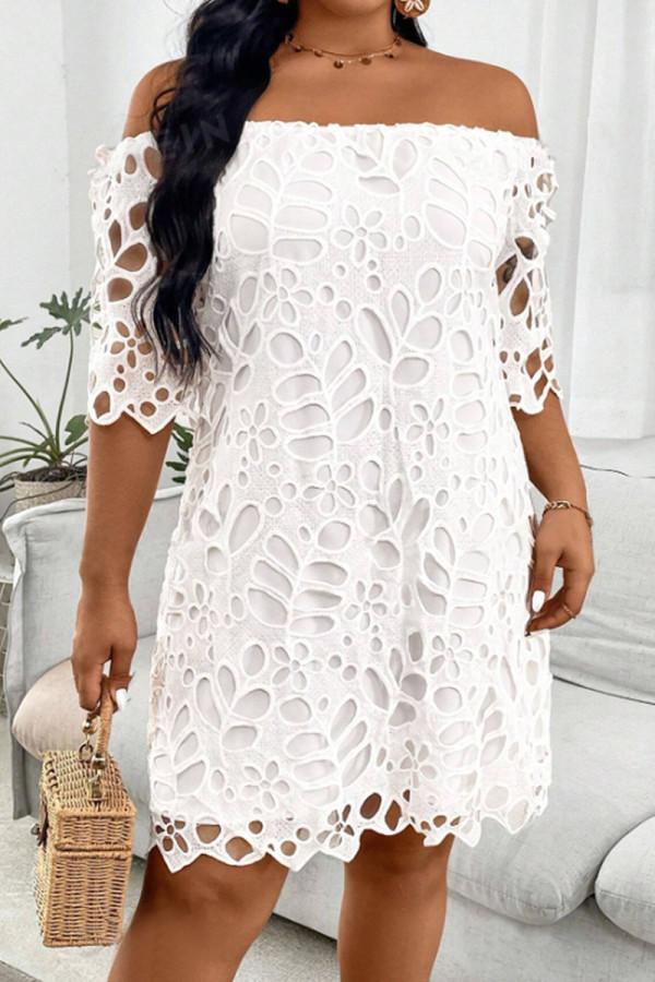White Elegant Solid Color Hollow Out Patchwork Off Shoulder Straight Dresses