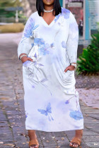 Light Blue Casual Floral Print Basic V Neck Long Plus Size Dresses
