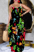 Black Casual Print Backless Spaghetti Strap Long Dresses