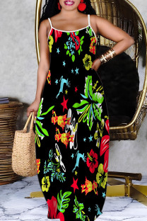 Black Casual Print Backless Spaghetti Strap Long Dresses