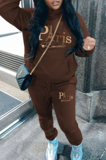 Brown Casual Print Pocket Patchwork Hooded Long Sleeve Two Pieces