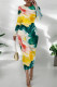 Yellow Casual Print Patchwork O Neck Wrapped Skirt Dresses