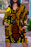 Blue Casual Street Colorblock Geometric Print Pocket Contrast V Neck Printed Plus Size Dresses