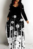 Green Casual Print Basic V Neck Long Dresses