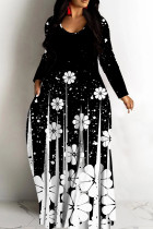 Black Casual Print Basic V Neck Long Dresses