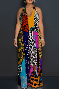 Red Orange Casual Print Patchwork Backless Halter Loose Jumpsuits