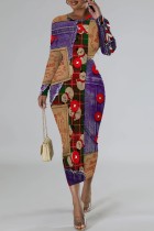 Purple Casual Print Patchwork Long Sleeve Dresses