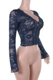 Blue Sexy Solid Color Lace Patchwork V Neck Tops