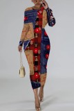 Red Casual Print Patchwork Long Sleeve Dresses