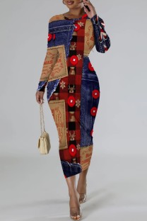 Red Casual Print Patchwork Long Sleeve Dresses