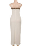 White Sexy Solid Color Lace Patchwork Slit Spaghetti Strap Sling Dresses