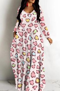 Pink Casual Print Basic V Neck Long Dresses
