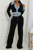 Brown Casual Patchwork Contrast Turndown Collar Long Sleeve Two Pieces