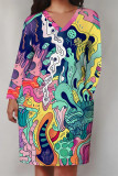 Blue Casual Street Colorblock Geometric Print Pocket Contrast V Neck Printed Plus Size Dresses