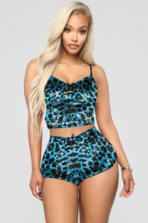 Blue adult Fashion Sexy backless Patchwork Two Piece Suits Print Leopard Straight Sleeveless T