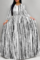 White Elegant Striped Print Flowers Leopard Lace Up Contrast O Neck Printed Dresses