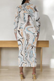 Black Gray Casual Street Geometric Print Contrast O Neck Printed Dresses