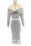 Red Casual Stripe Patchwork Zipper Off Shoulder Long Sleeve Two Pieces