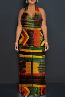Green Yellow Casual Print Patchwork Backless Halter Loose Jumpsuits