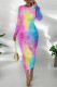 Powder Blue Casual Print Patchwork O Neck Wrapped Skirt Dresses