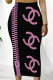 Pink Casual Letter Print Contrast Regular High Waist Full Print Bottoms