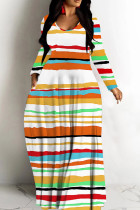 Stripe Casual Print Basic V Neck Long Dresses
